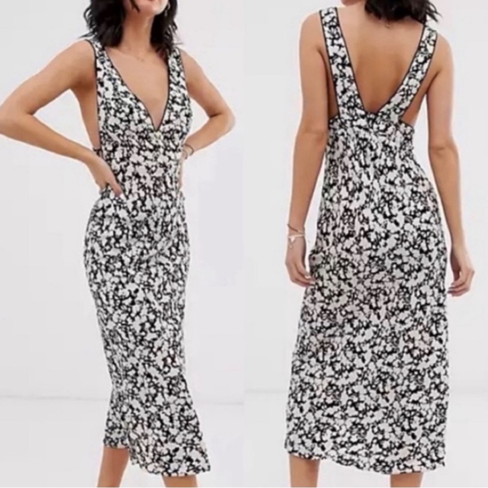 FREE PEOPLE OH LA LA BIAS FLORAL BLACK WHITE DAMASK DEEP V NECK MIDI DRESS